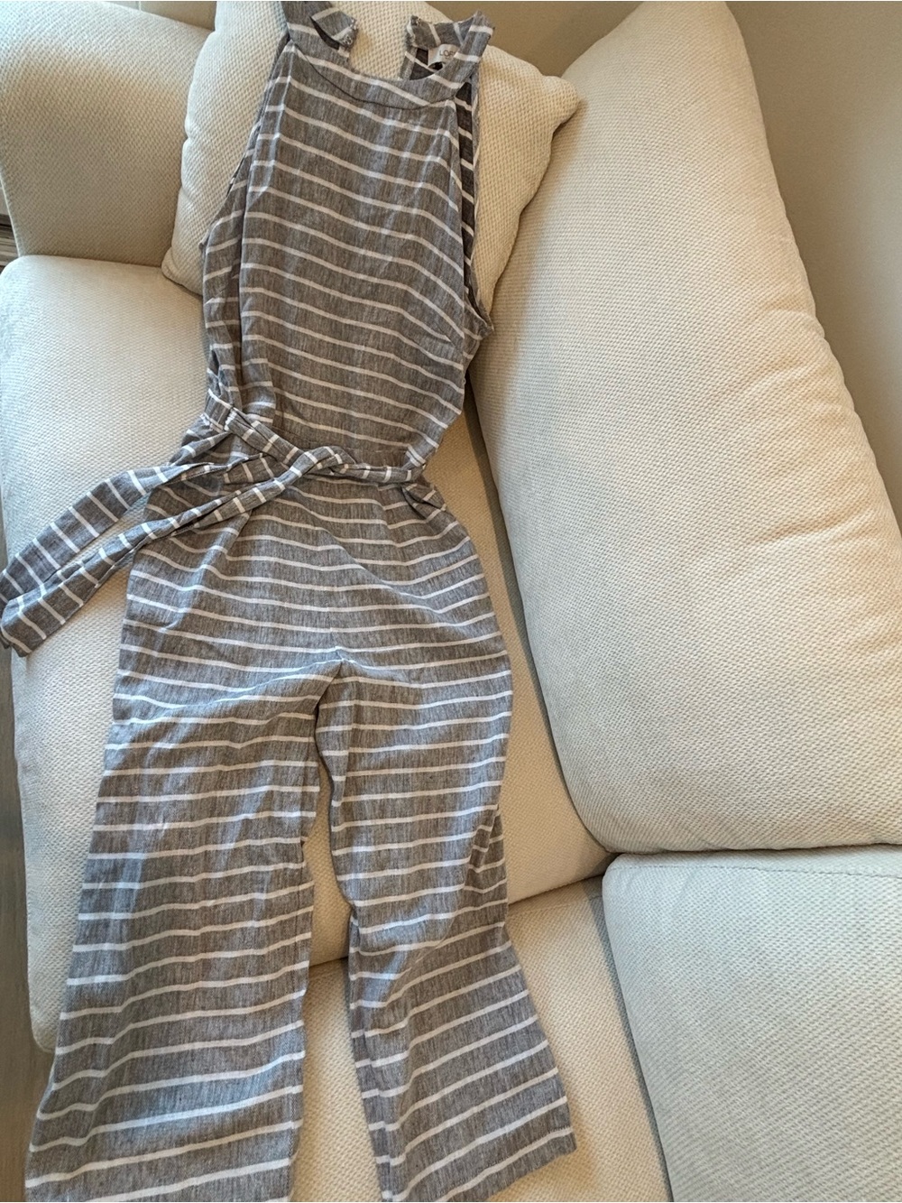 Striped Linen-Blend Sleeveless Jumpsuit - Gray/White